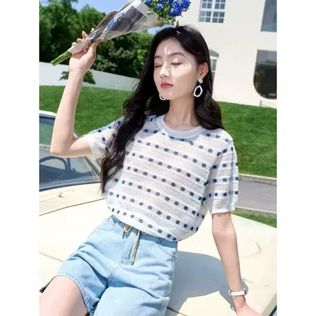 时尚短袖T恤针织衫2023年夏季新款淑女温柔宽松显瘦圆领套头上衣图片