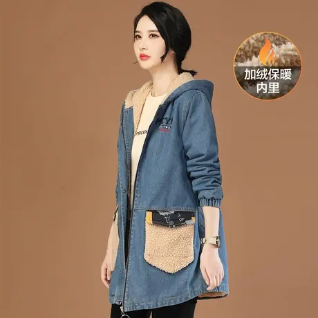 韩潮袭人中长款连帽加绒牛仔外套女2023年冬季新款宽松显瘦棒球服图片