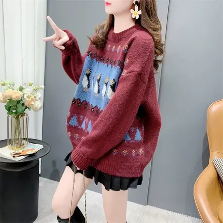 日系复古提花圣诞红色圆领毛衣女秋冬新款外穿温柔风长袖针织上衣商品大图