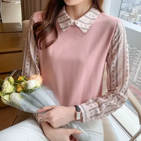 长袖t恤女装2023新款潮早秋上衣娃娃领假两件打底衫女春秋纯欲风商品大图