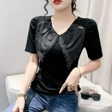 气质V领短袖T恤女夏装2024新款修身百搭小衫设计感蝴蝶结别致上衣图片
