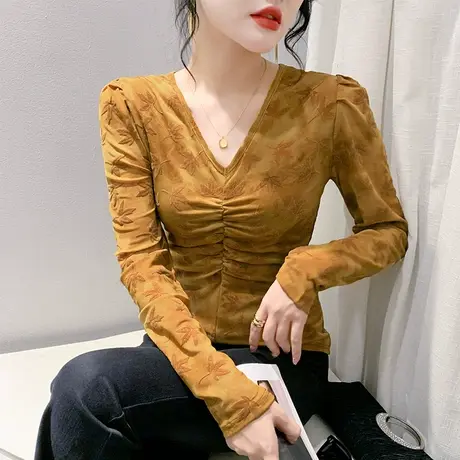 性感褶皱V领T恤女长袖秋季新款泡泡袖扎染印花上衣洋气修身打底衫图片