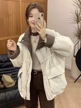 欧货立领撞色收腰大口袋棉衣2023冬新中长款宽松显瘦加厚外套女潮图片