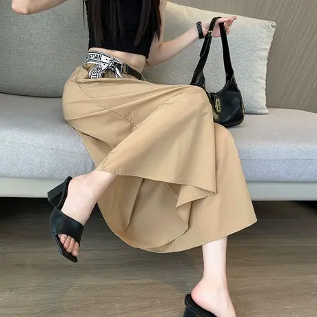 卡其色半身裙女夏季冰丝薄款高腰休闲小个子显瘦七八分阔腿裤裙子商品大图