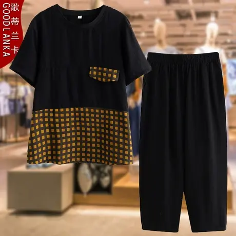 40-50岁中年妈妈夏装休闲两件套大码宽松时尚格子拼接短袖T恤套装商品大图