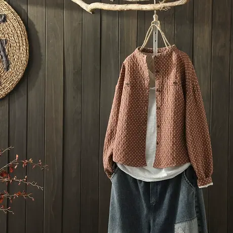 枫谜2020年春装文艺复古泼点圆领棉麻短款外套女宽松休闲上衣开衫图片