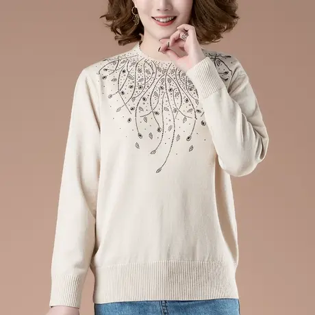 秋冬新款加肥加大码女装毛衣宽松中年妈妈洋气百搭烫钻显瘦针织衫商品大图