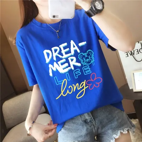 克莱因蓝字母短袖T恤女夏季宽松纯棉中长款设计感遮屁股打底上衣商品大图