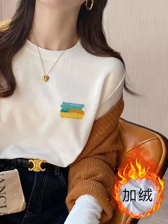 仿棉长袖t恤女2023新款春秋装冬季加绒内搭打底衫大码女装上衣服商品大图