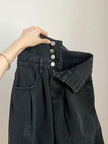 梨形身材裤子女春秋款美式复古高腰设计感黑色直筒宽松阔腿牛仔裤图片