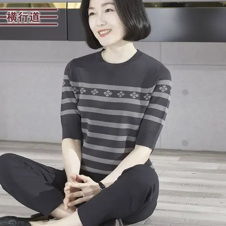 2024新款秋装圆领提花条纹宽松针织衫短袖女装大码妈妈显瘦上衣服商品大图