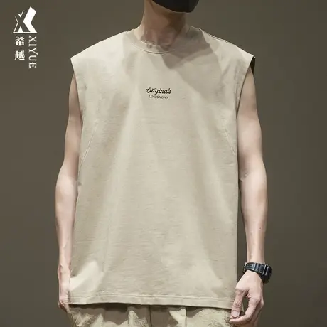 希越无袖t恤男纯棉250g重磅砍袖背心夏季宽松大码运动健身汗衫薄图片