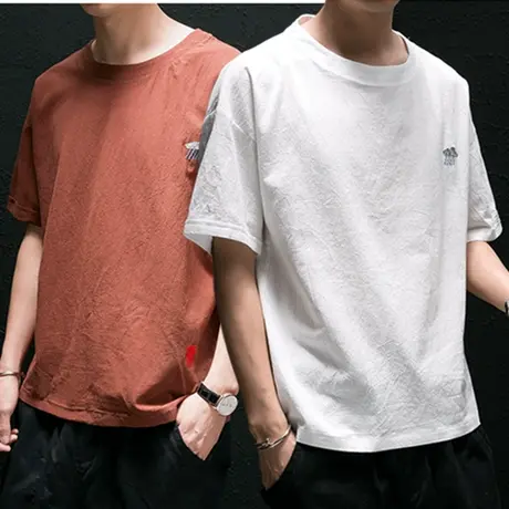 夏季中国风纯色亚麻短袖男士夏装棉麻布冰丝t恤男装日系宽松半袖商品大图
