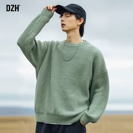 男生绿色毛衣男秋冬圆领宽松慵懒风男装2024新款纯色针织上衣潮牌商品大图