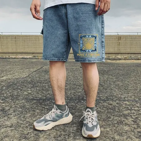 胖子重磅黑色牛仔短裤男士口袋宽松加肥加大码简约夏季肥佬五分裤图片