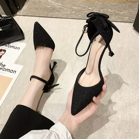 一字带凉鞋女仙女风2024年新款春夏尖头网红水钻黑色高跟鞋女细跟商品大图