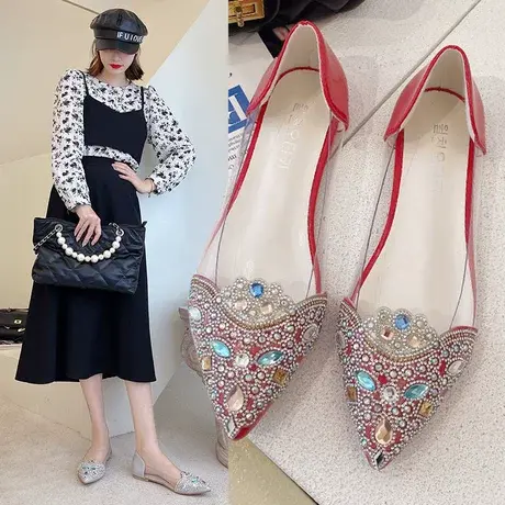 2023年新款春夏季中空包头凉鞋水钻气质法式平跟鞋女方根尖头单鞋商品大图