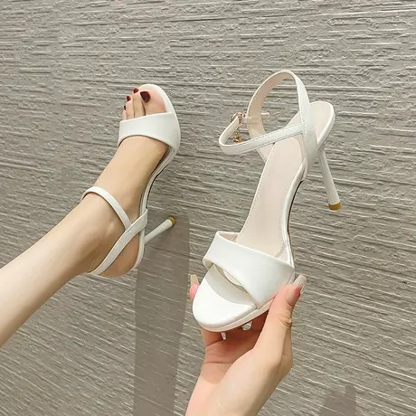 2024年夏季新款时尚露趾一字扣带凉鞋女细跟高级感小众气质高跟鞋商品大图