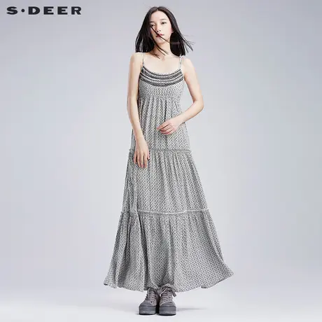 sdeer圣迪奥夏装素朴碎花图腾印花绣花吊带连衣裙两件套S16281288图片