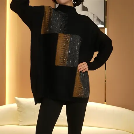 2024春季新款黑色半高领毛衣女烫钻胖mm百搭大码女装宽松长袖上衣图片