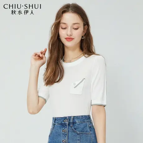 秋水伊人弹力针织衫2021年夏新款女装时尚圆领口袋设计针织上衣女图片