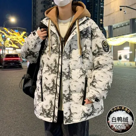 假两件连帽羽绒服男冬季90白鸭绒保暖外套情侣山水画加厚防寒服潮图片