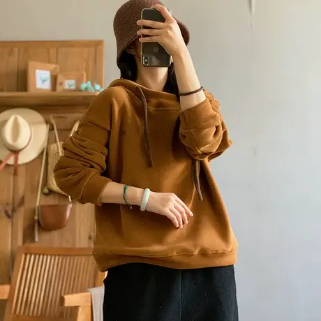 dza 复古宽松加厚双面奥粒绒连帽卫衣外套女冬季休闲粗绳套头上衣商品大图