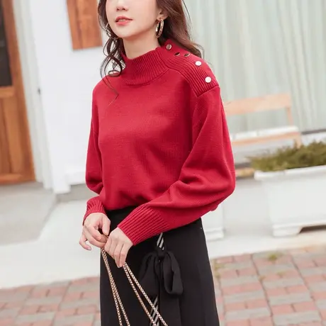 桔熊秋冬季半高领毛衣女宽松纯色设计感舒适针织衫大码FA2280商品大图