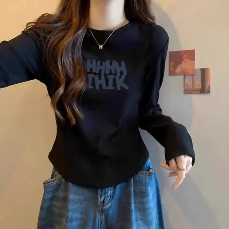 德绒打底衫女秋冬修身显瘦字母印花加绒加厚保暖圆领长袖T恤上衣商品大图