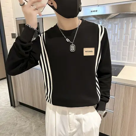 春秋季潮牌卫衣韩版条纹拼接打底衫上衣2023新款小众体恤个性外套商品大图