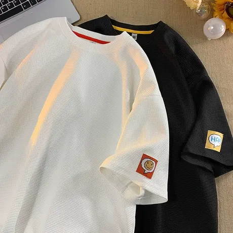 华夫格短袖t恤男夏季ins潮流百搭圆领上衣港风潮牌宽松体恤打底衫商品大图