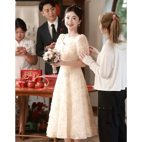 香槟色小礼服蓬蓬裙高端轻奢小众法式订婚小个子婚礼当天新娘便装商品大图