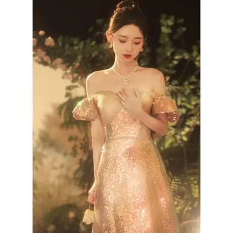 晚礼服女2023新款秋冬小众高级感艺考生轻奢法式一字肩赫本公主风商品大图