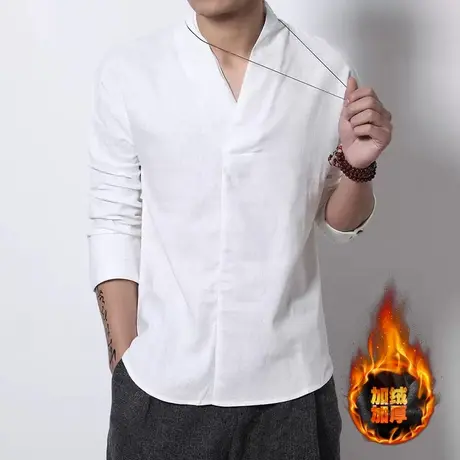 中国风棉麻加绒T恤男长袖大码民族风唐装改良古装汉服青年居士服商品大图