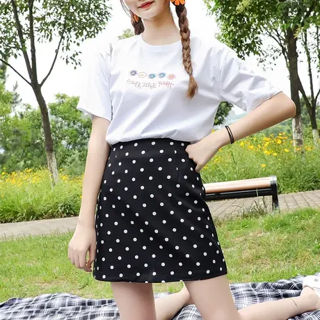 波点高腰a字裙黑色圆点短裙女半身包裙显瘦防走光夏季短款一步裙图片
