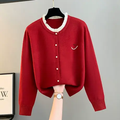 2025春装本命年笑脸珠子红色毛衣女花边领拼接小个子针织开衫外套商品大图