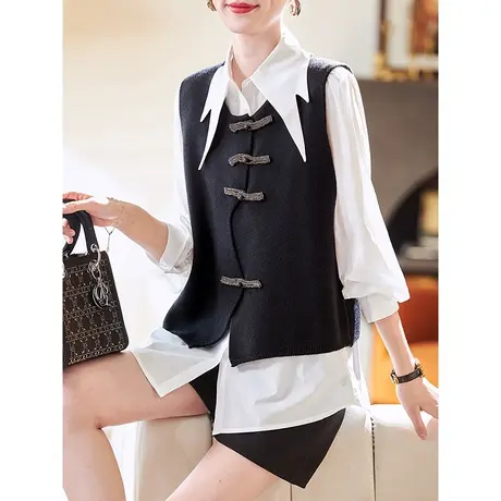 宝诗黎韩系短款针织马甲衬衫女2024春季新款休闲百搭衬衣两件套潮图片
