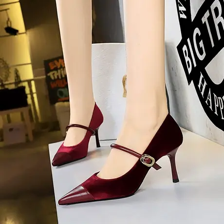 法式玛丽珍鞋女2024年新款时尚复古绒面浅口单鞋一字带细跟高跟鞋图片