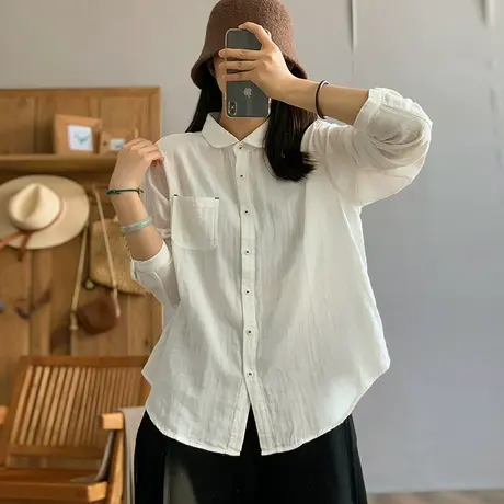 dza 复古纯色全棉宽松百搭衬衣女春秋新款内搭上衣休闲短款衬衫女图片