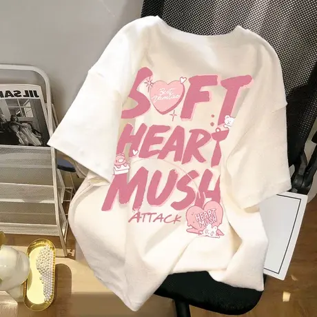 2024年新款小衫美式复古粉色字母印花短袖T恤女显瘦上衣洋气遮肉商品大图