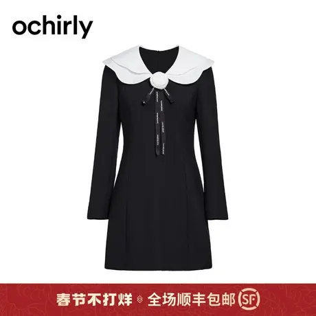 娃娃领A字连衣裙女 ochirly欧时力2024新款春装撞色配花朵胸针图片