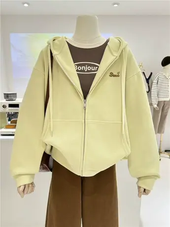 简约刺绣百搭慵懒风韩系港味遮臀宽松连帽拉链开衫卫衣女外套休闲商品大图