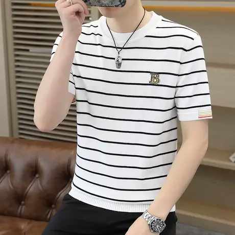 秋冬季圆领撞色针织衫简约短袖T恤男士潮牌内搭条纹半袖春装毛衣商品大图