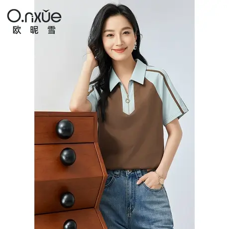 欧昵雪2024夏装新款T恤女短袖POLO领撞色拼接拉链宽松插肩袖上衣商品大图