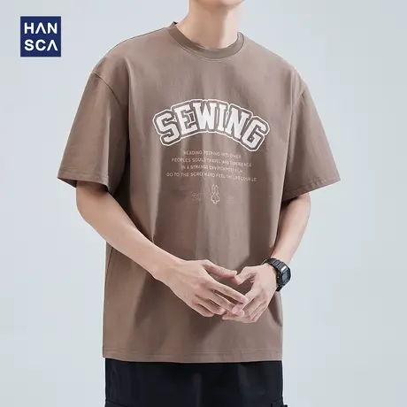 hansca 重磅美式复古短袖t恤男夏季宽松潮流休闲大码字母印花上衣商品大图