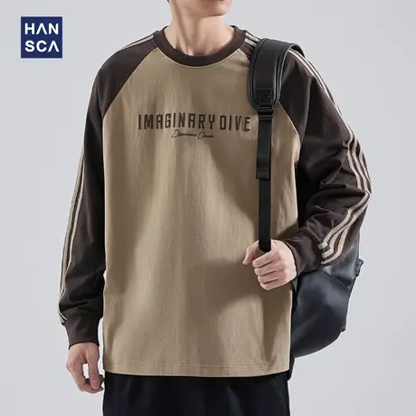 hansca 纯棉长袖t恤男秋季圆领宽松条纹撞色拼接三条杠插肩袖上衣商品大图