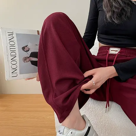 红色阔腿香蕉裤女春秋2024新款高腰垂感休闲宽松显瘦窄版直筒卫裤图片