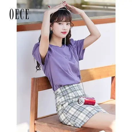 Oece复古格纹半身裙夏装新款女装减龄文艺高腰百搭A字裙短裙图片