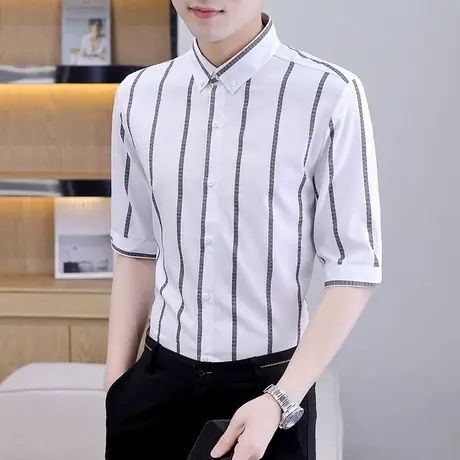夏季男士短袖衬衫潮流韩版休闲薄款衬衣半袖男装帅气条纹寸上衣服商品大图
