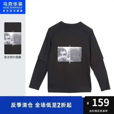 马克华菲假两件设计复古照片印花长袖T恤男春秋季潮流休闲青春商品大图